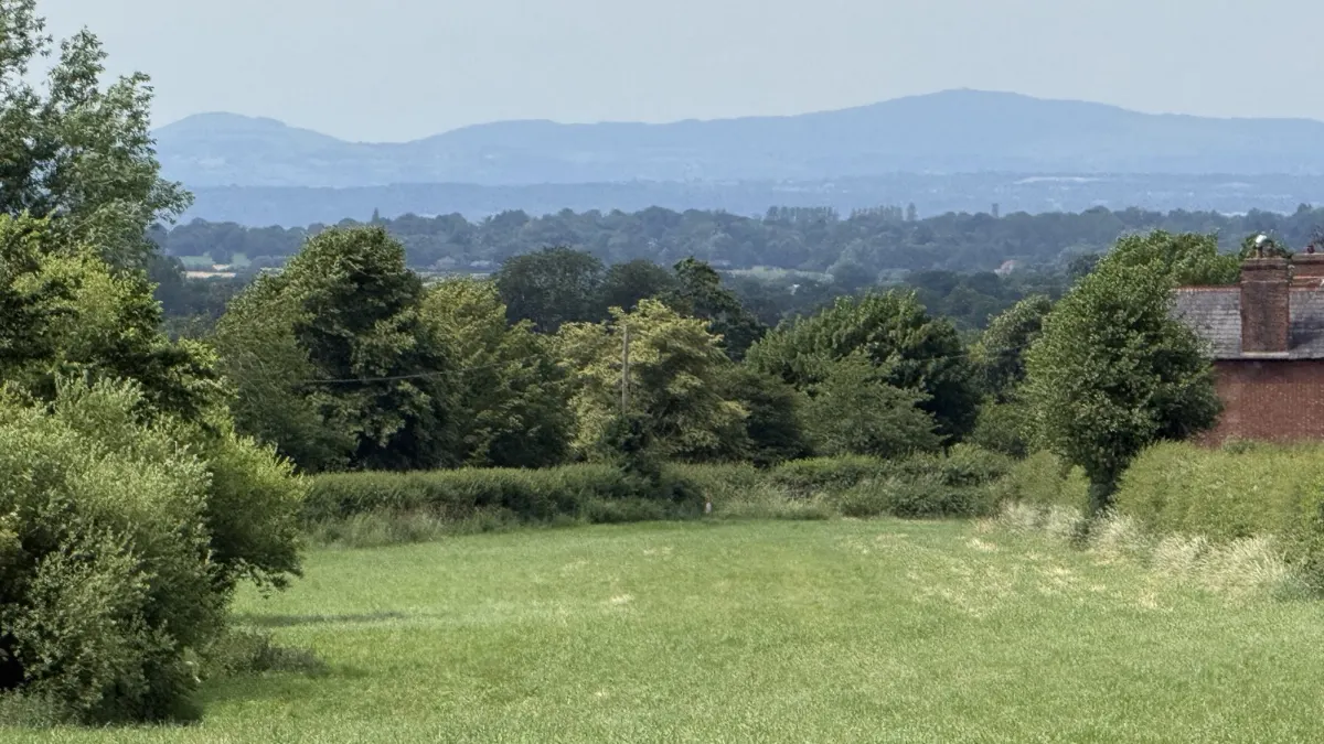 View across green fields and trees towards distant hills from Kelsall